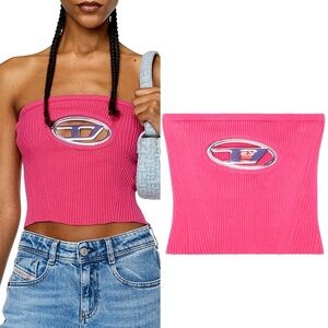 Diesel- Bandeau Top With Oval D Plaque Hot Pink Size M Ribbed Edgy Streetwear